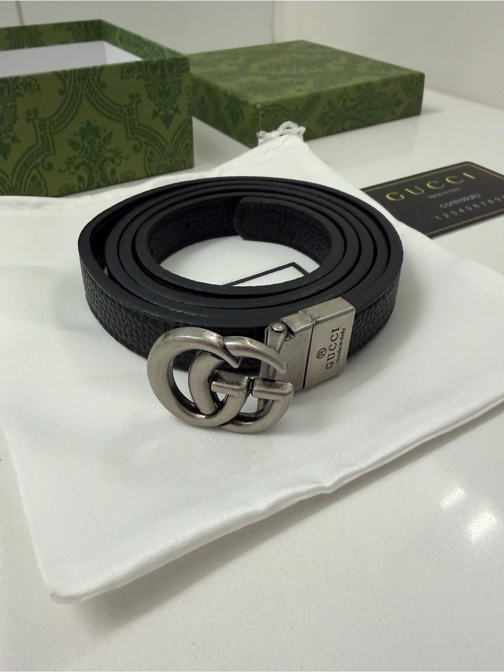 Gucci Black Leather Interlocking G Belt with Silver Hardware